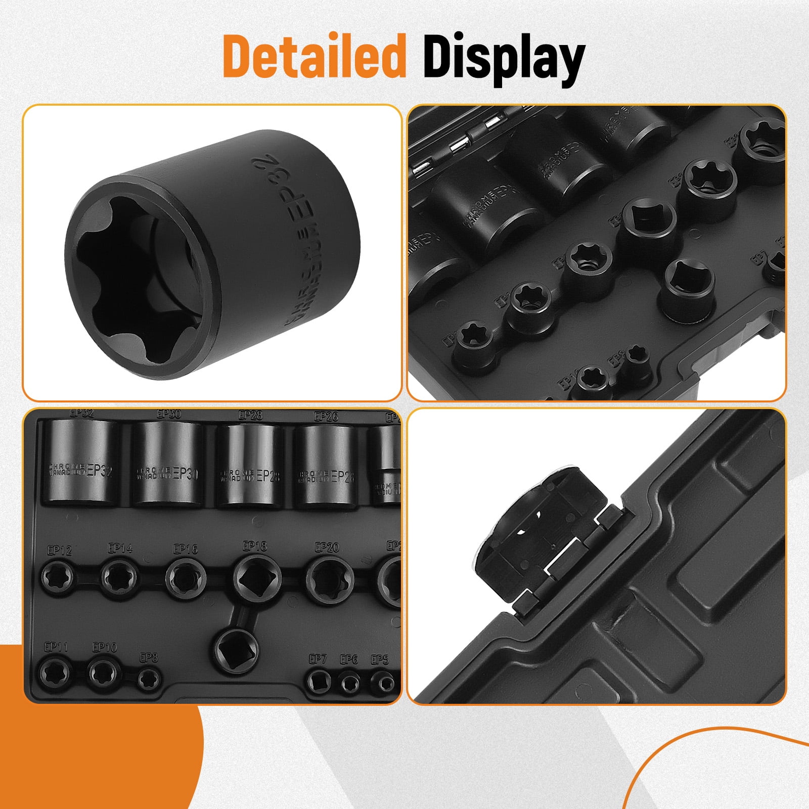 maXpeedingrods 19PCS External Torx Plus Socket Set, 6 Point EP Socket EP4 - EP32 with 1/2'' 3/8'' 1/4'' Drive, 5 Point EP Socket 1/2'' EP8.8 Dr E-Torx Plus Set, External Torx Star Drive Socket Set
