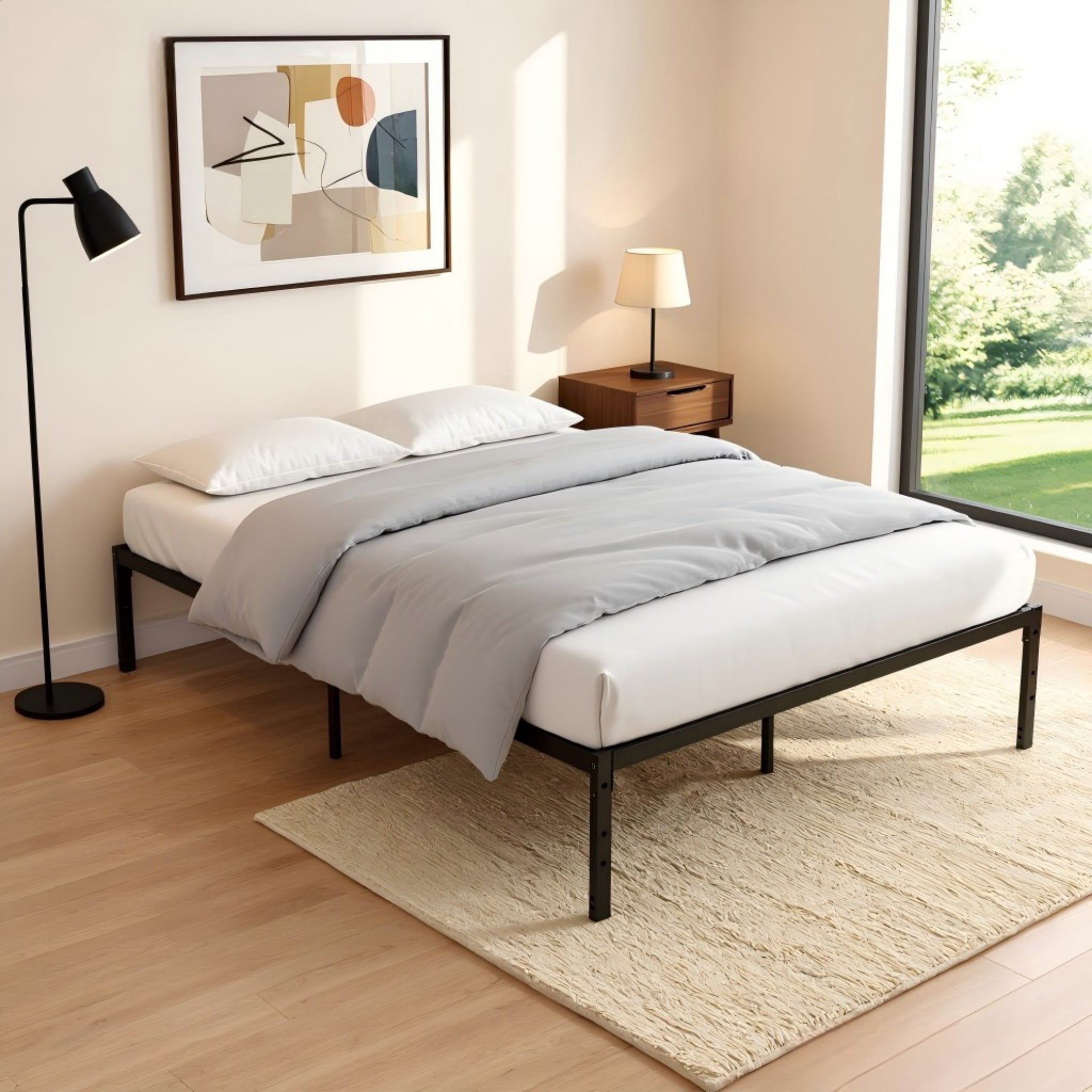 BSHTI 55" Full Bed Frame – Heavy Duty Metal Platform, 14.2" Under-Bed Storage, No Box Spring Needed, Minimalist Design, Black