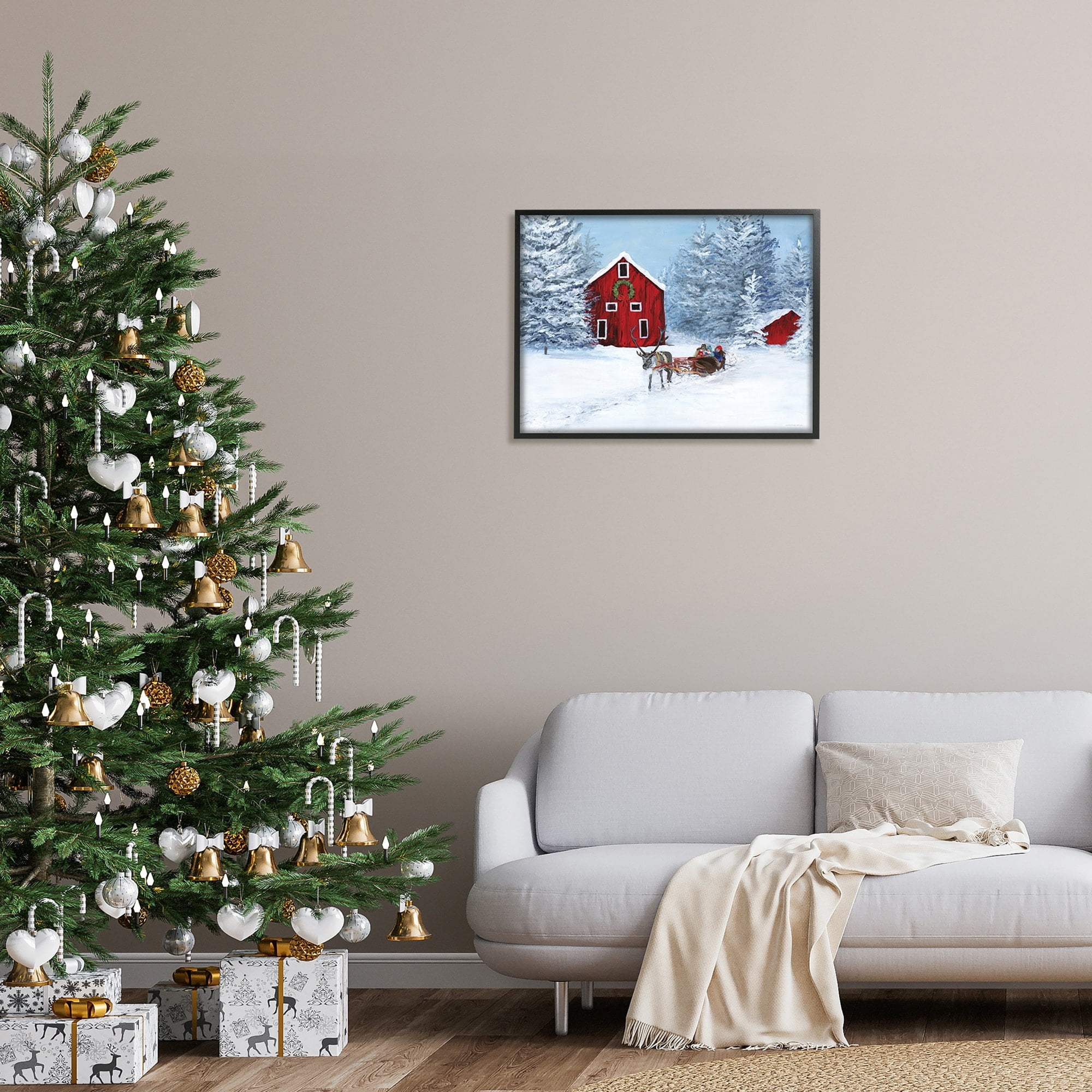 Reindeer Pulling Sled Children Rural Niveous Landscape Landscape Painting Framed Art Print Wall Art
