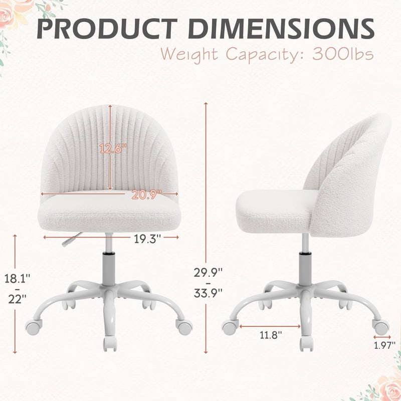 Lacoo Modern Vanity Chair with Back, Teddy Velvet Desk Chair for Bedroom, Living Room or Study,Small Office Chair,White
