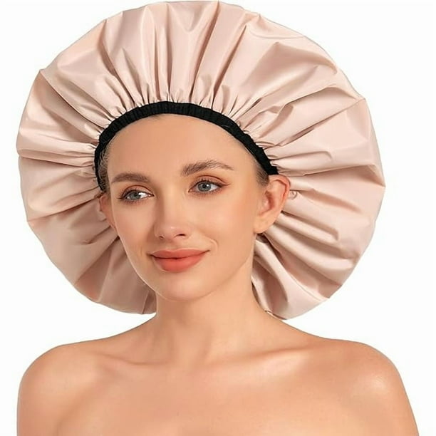 wonima11 Extra Large Shower Caps for Women Reusable Waterproof, Double-Layer Washable Jumbo Bath Hair Bonnet, Satin Lining Shower Hat for Thick, Curly, Long Hair, Braids(Big Beige)