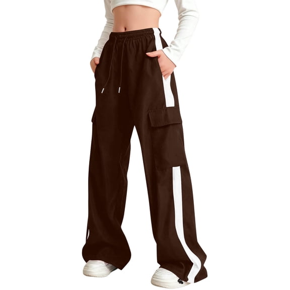 Kids' Solid Color Wide Leg Cargo Pants, Elastic Waist Casual Style with Side Stripe Detail, Comfortable for Boys and Girls, Ideal for Daily & Outdoor Activities, 5-16 Years Brown 11-12 Years