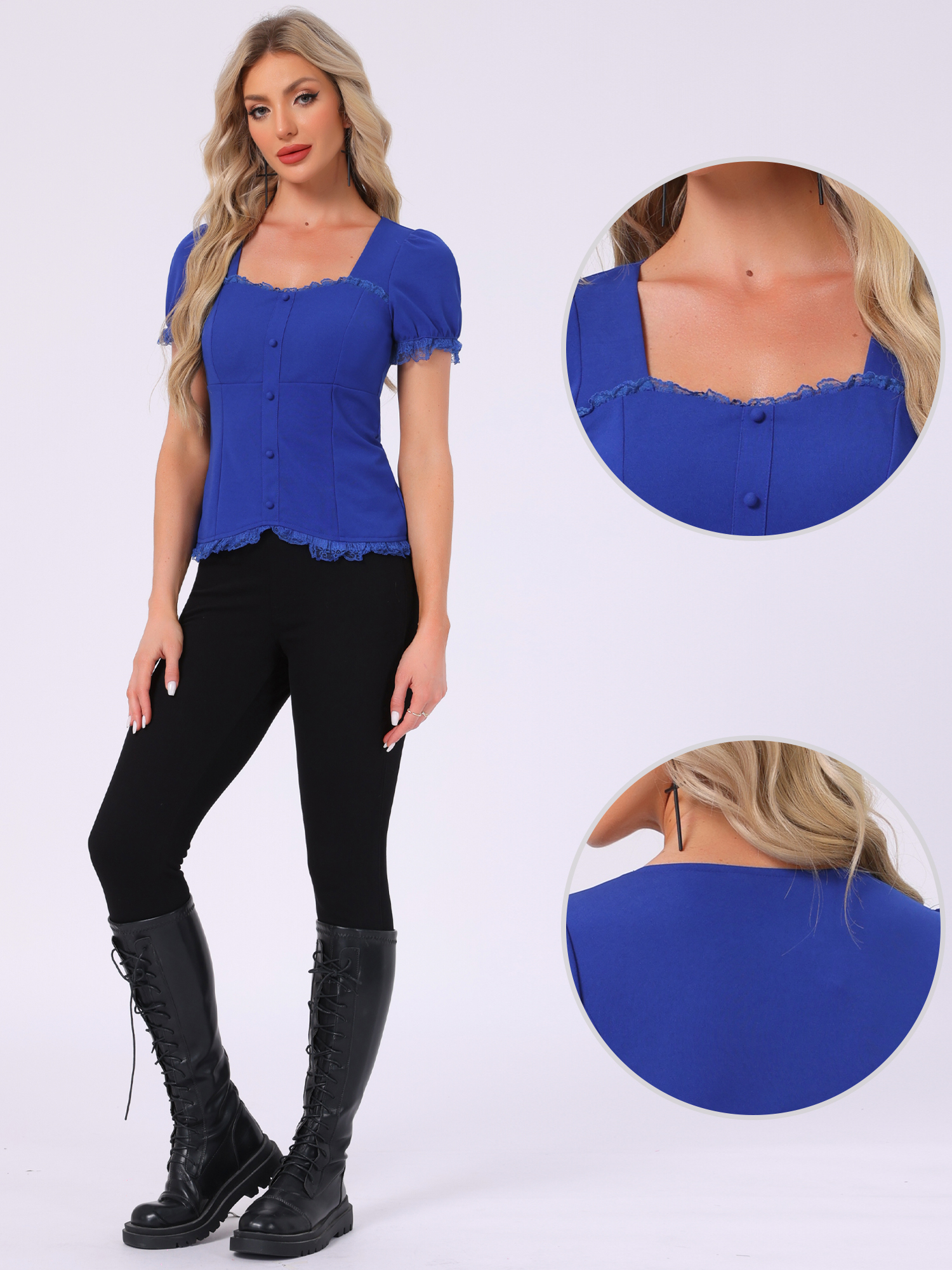 DARING DIVA Sweetheart Neck Puff Sleeve Lace-up Blouse L Royal Blue