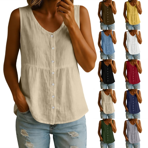 Axiiglly Tank Tops for Women Cotton Linen V Neck Button Down Sleeveless Relaxed Fit Boho Peplum Summer Fashion Tops 2026, S-2XL