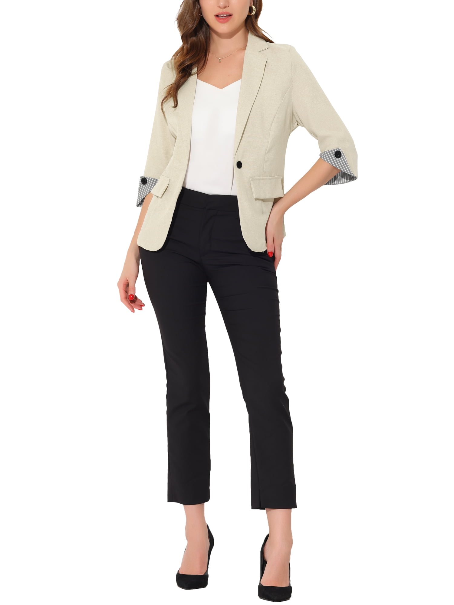 Unique Bargains Women's Office Suit Jacket Notched Lapel Collar 3/4 Sleeve Blazer XS Beige