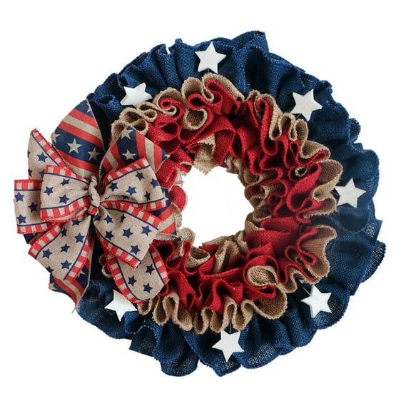 18 Inch Patriotic Burlap Wreath, 4th of July Summer Burlap Stripe and Stars Printed Wreath for The Front Door, Handcrafted Memorial Day American Flag Printed Home Decor for Indoor and Outdoor