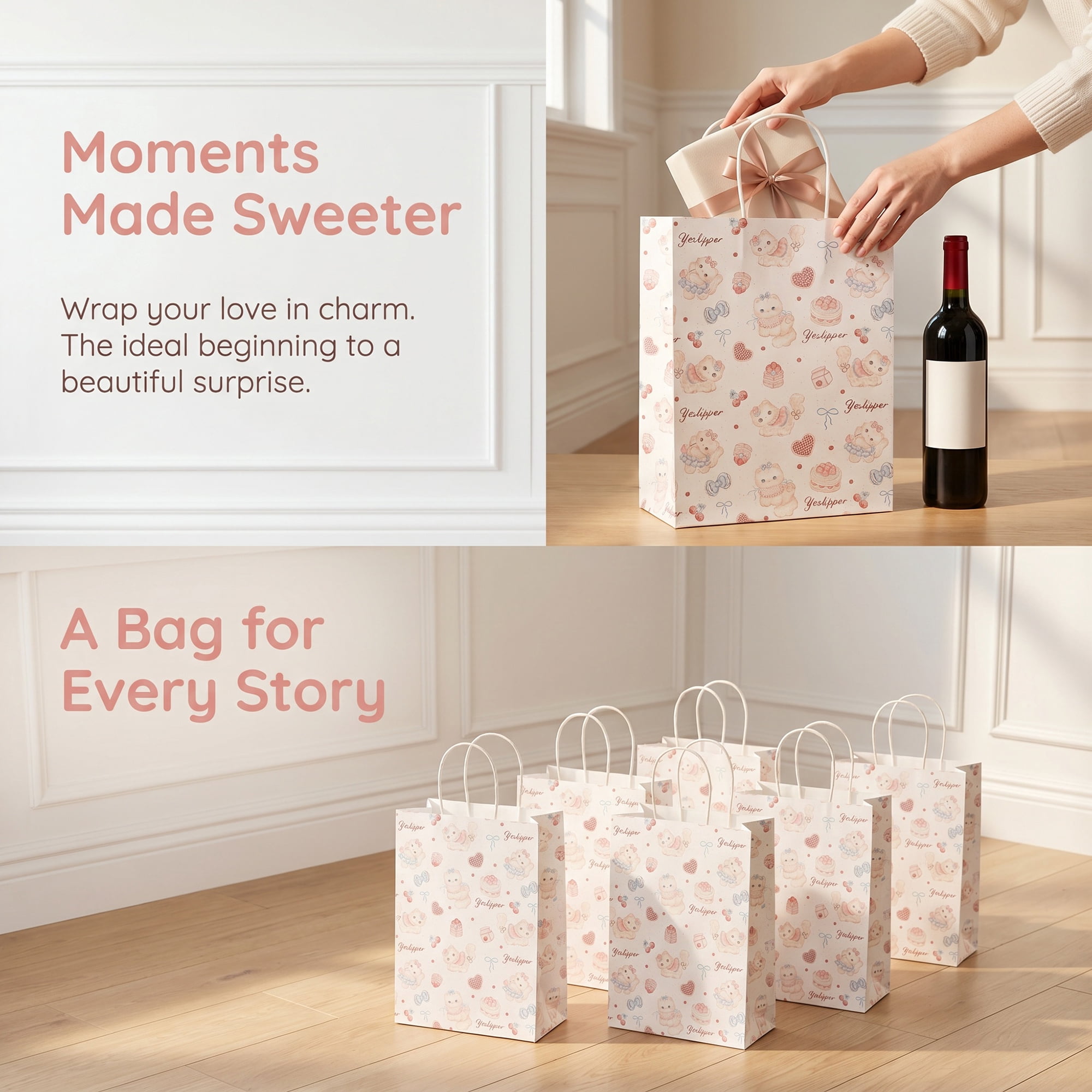 Unique Bargains 6Pcs Thick Paper Gift Bags with Handles Pink Bear 8.3" x 4.3" x 10.6"