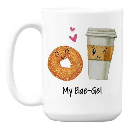 

Cute My Bae-gel Pun White Ceramic Coffee & Tea Mug Cup for a Bagel Lover (15oz)