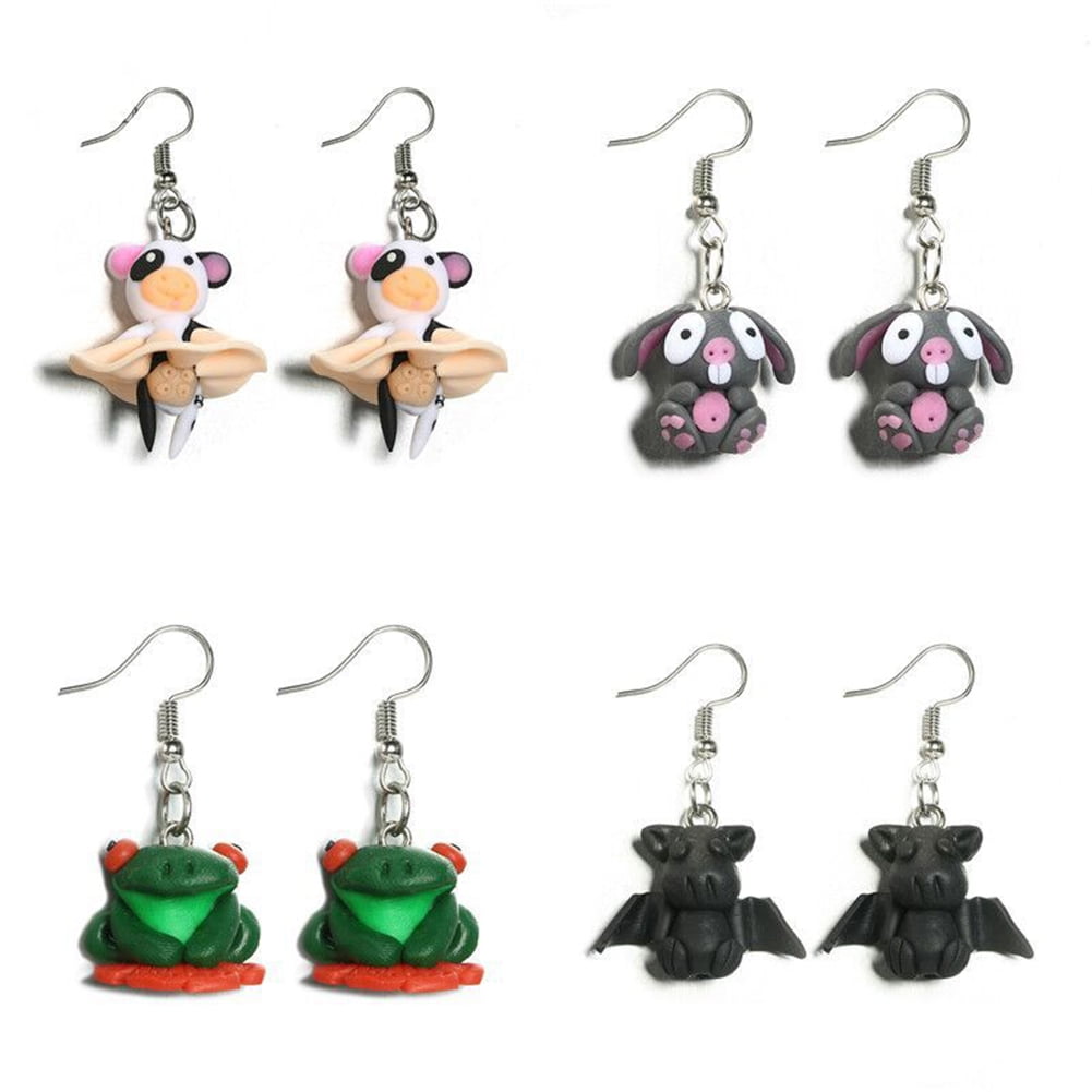 Anvazise Cute Women 3D Cartoon Animal Polymer Clay Pendant Hook Earrings  Jewelry Gift Black 
