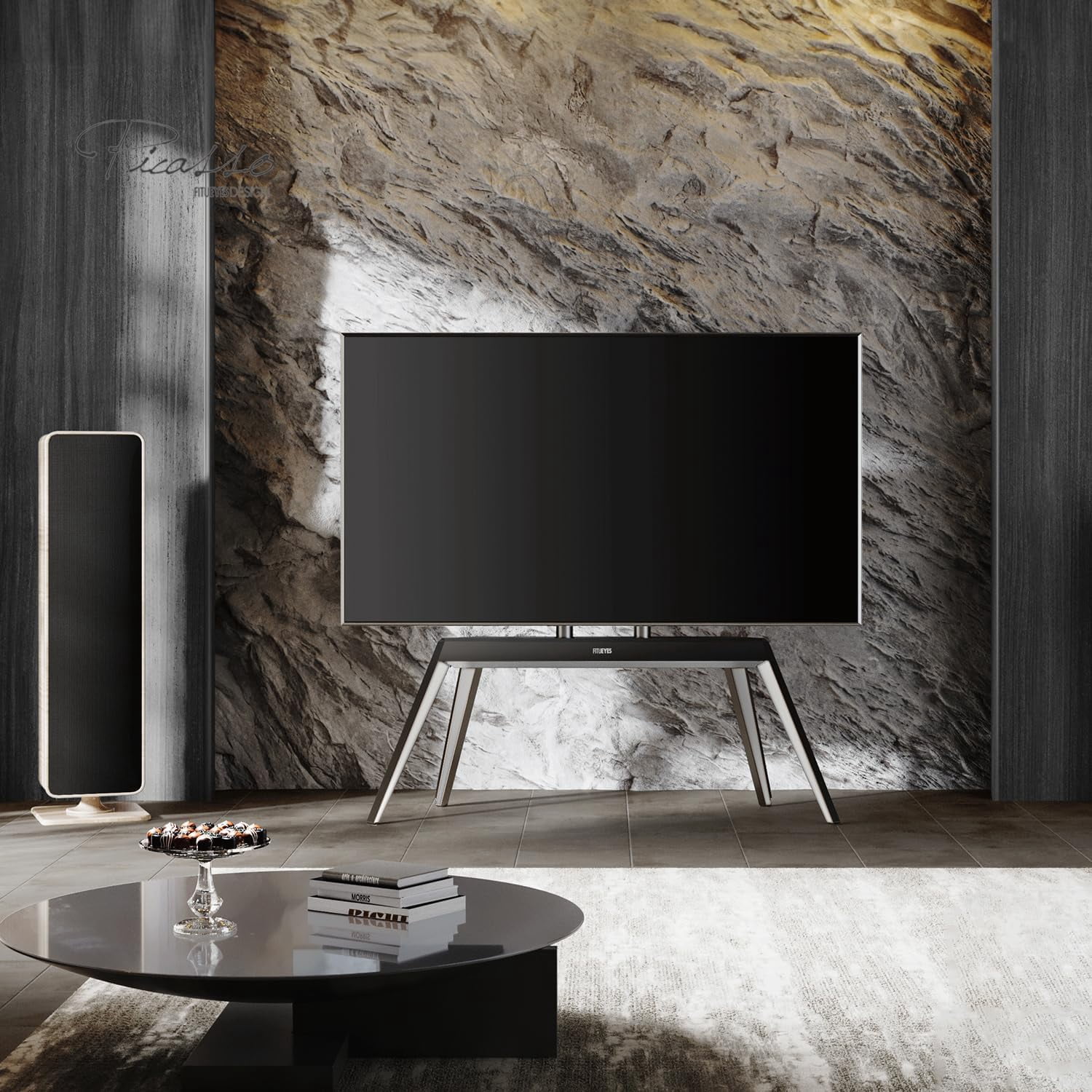 FITUEYES Picasso Series Floor TV Stand for 65–88 Inch TVs, Black & White, Cable Management