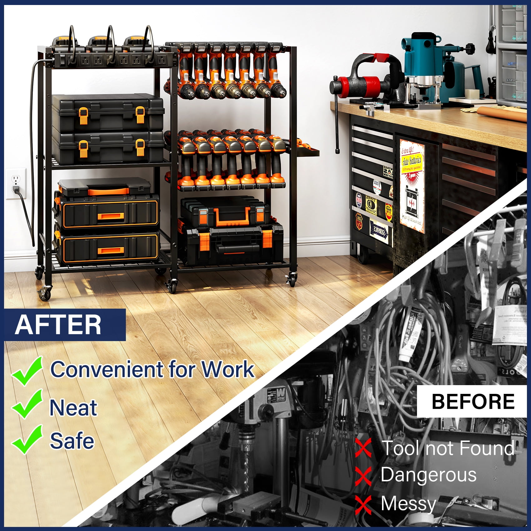TC-HOMENY Movable Power Tool Organizer Cart w/ 8 Outlets Charging Station, 28 Power Drill Tool Garage Battery Storage Rack, Heavy Duty 3-Tier Tools Organizer, Festive Gifts for Men Dads Father