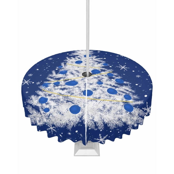 Boanket Outdoor Tablecloth with Umbrella Hole for Patio/Picnic/Party/Camping, Navy Blue Christmas Tree Waterproof Table Cloth Round Cover Washable, Balls Snowflake Xmas Tree (Dia 60")