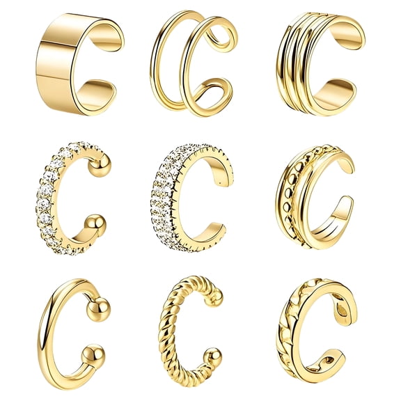 DESIGNICE 9Pcs Cartilage Earrings for Women,C-Shaped Clip on Ear Cuff Set,Gold Plated Cuff Earrings,Huggie Earrings for Women Without Pierced Ears