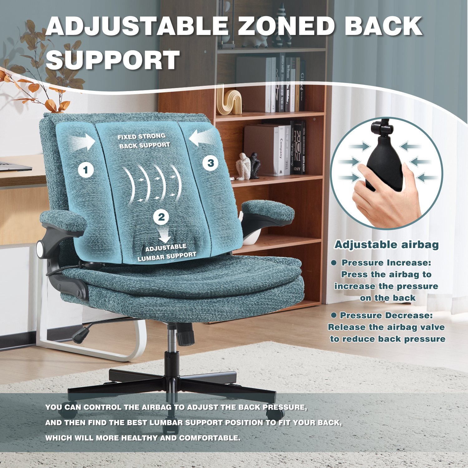 Wide Criss Cross Chair with Flip Up Back Cushion and Arms, Ergonomic Cross Legged Office Chair with Dynamic Lumbar Support, Upholstered Swivel Rolling Vanity Chair for Customized Comfort