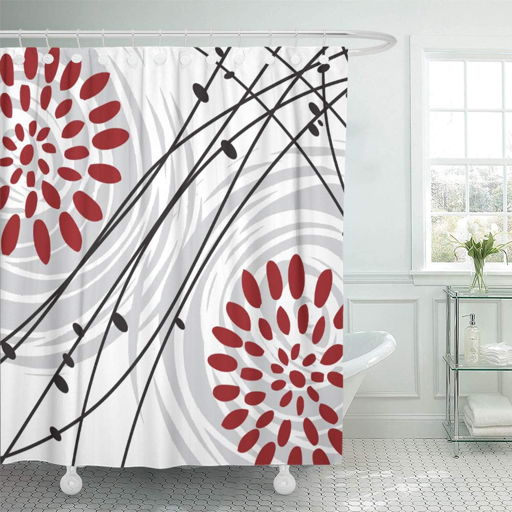SUTTOM Gray Black Red Floral Bold Grey Shower Curtain 66x72 inch