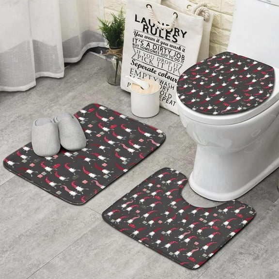 Dark Gray Christmas Gnome Pattern Bathroom Rugs Sets 3 Piece,Toilet Cover Set,Absorbent Non Slip Bathroom Mats Sets with U-Shaped Contour Rug Toilet Rug Set