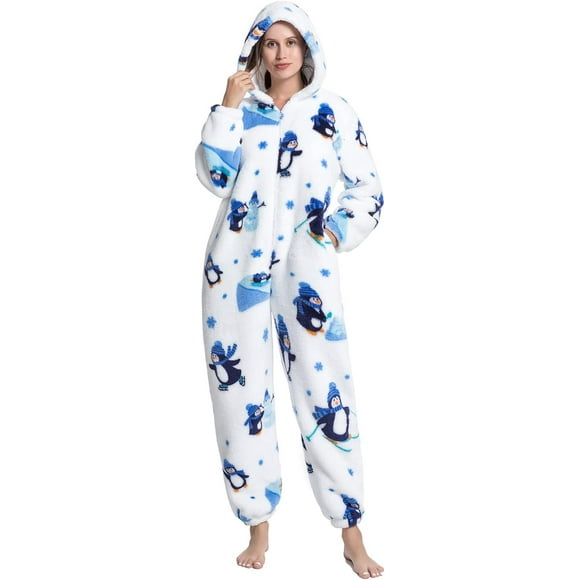 GIRL Onesie for Women Fleece Onesie Pajamas Animal Unisex Adult Cosplay Hooded Flannel Sleepwear Fluffy Plush Pajamas Penguin X-Large