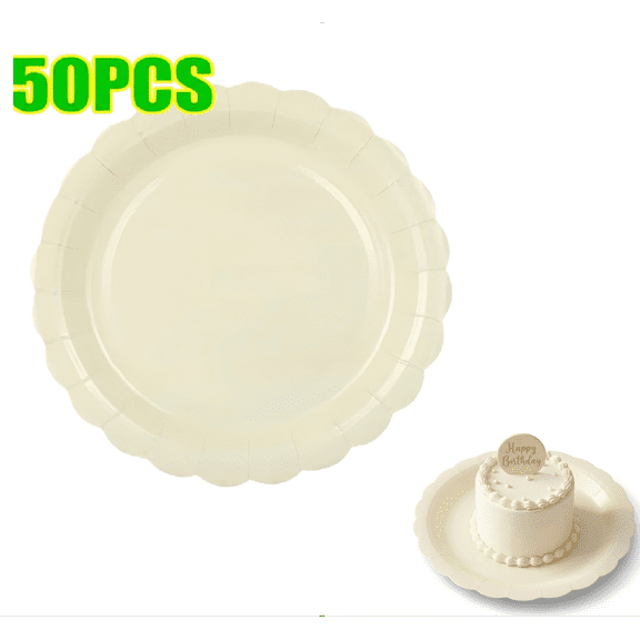 ROSEXIXI 50pcs Scalloped Birthday Plates, Serves 50, 7", for Celebrate Birthday Wedding Bridal Shower Afternoon Tea