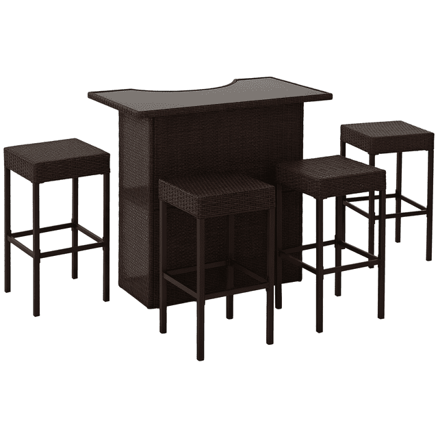 5-Piece Dark Brown PE Rattan Patio Bar Set with Glass Top Table & 4 Stools - Outdoor High Top for Garden, Deck & Poolside Entertaining