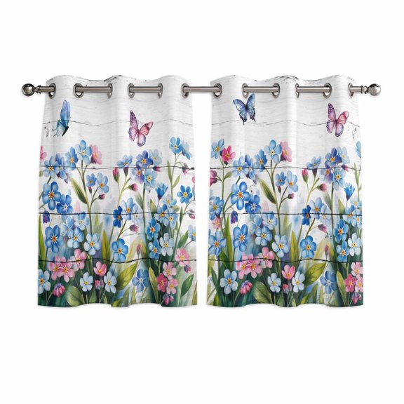 Blue Spring Floral Kitchen Curtains Window Panels, Pink Flowers Butterfly Wooden Watercolor Insulated Window Treatment Curtain, Grommet Curtains for Bedroom/Living Room/Bathroom, 2 Piece 42"Wx54"L