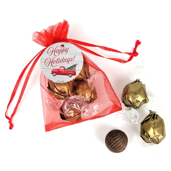 Happy Holidays Red Truck Red Organza Bag Favor Filled With Milk Chocolate Dubai Truffles For Gifting, Holiday Favors, Party Giveaways & More (12 Pack)