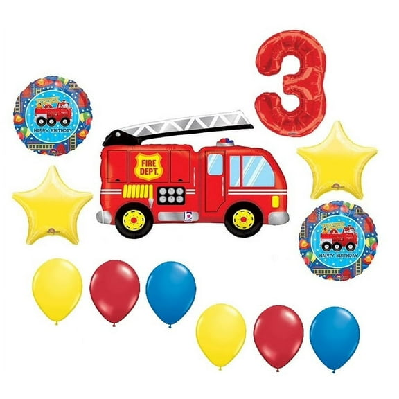 DalvayDelights Firetruck Fire Truck Engine Rescue 3rd #3 Happy Birthday Celebration 12 Piece Party Ballloons Set