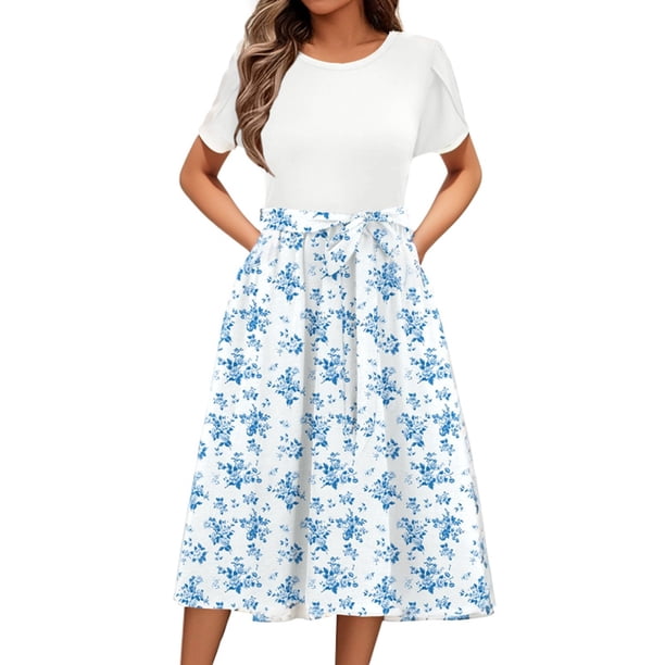 WILLBEST Vestido Elegante Floral Para Mujer, Vestido Midi De Manga Corta Con Cuello Redondo, Vestido Playero De Corte A, Ligero, Largo Hasta La Rodilla Con Bolsillos.