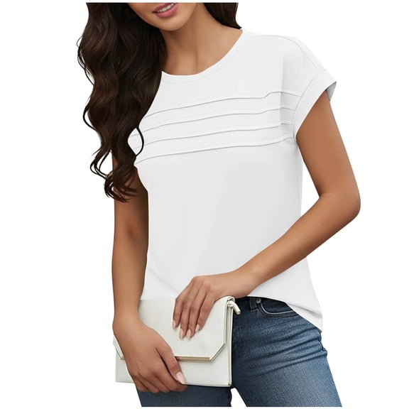 BLVB Short Sleeve Tops Womens T Shirts Blouses Dressy Casual Crewneck Pleated Front Loose Fit Summer Outfits