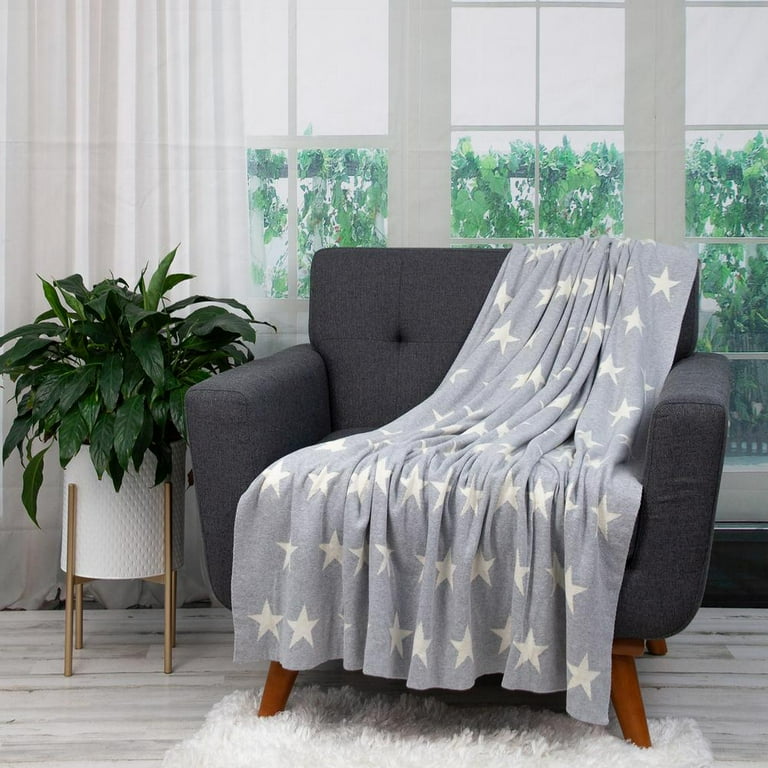 Gray And White Stars Knitted Throw Blanket Gray And White Stars Knitted Throw Blanket
