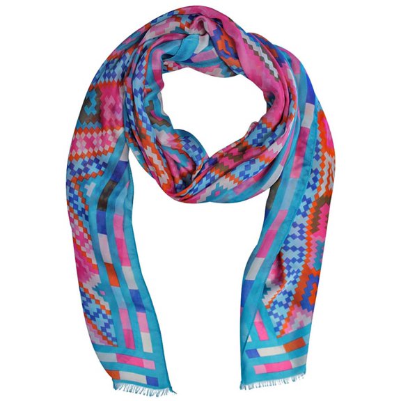 Turquoise Multicolor Art Deco Print Silky Scarf