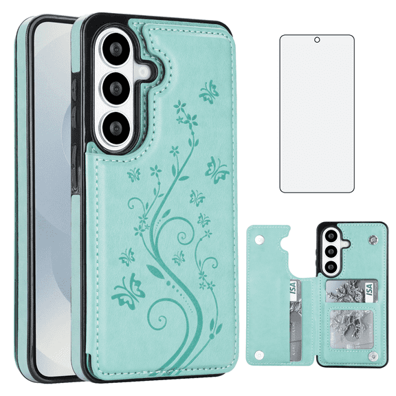 Asuwish Compatible with Samsung Galaxy S26 5G Wallet Phone Case Tempered Glass Screen Protector Flower Credit Card Holder Stand Rugged Accessories Cell Cover for S 26 26S G5 SM-S942U Women Men Teal