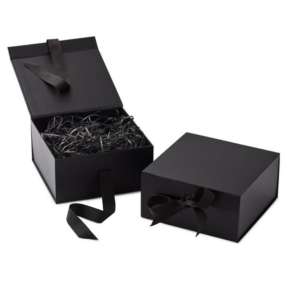 Hallmark 8" Mediumn Gift Boxes with Ribbon, Pack of 2 (Black) for Weddings, Groomsmen Gifts, Engagements, Mother's Day, Graduations and More
