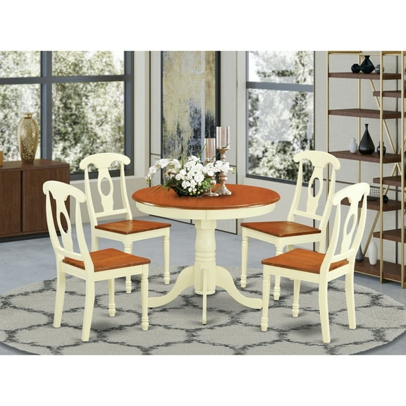 HomeStock Victorian Virtue 5 Piece Room Furniture Set Includes a Round Dining Table with Pedestal and 4 Wood Seat Chairs, 36x36 Inch, Buttermilk & Cherry