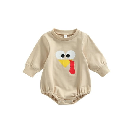 

0-18M Infant Baby Boy Girl Thanksgiving Day Bodysuit Long Sleeve Turkey Print Jumpsuit Brown/ Apricot