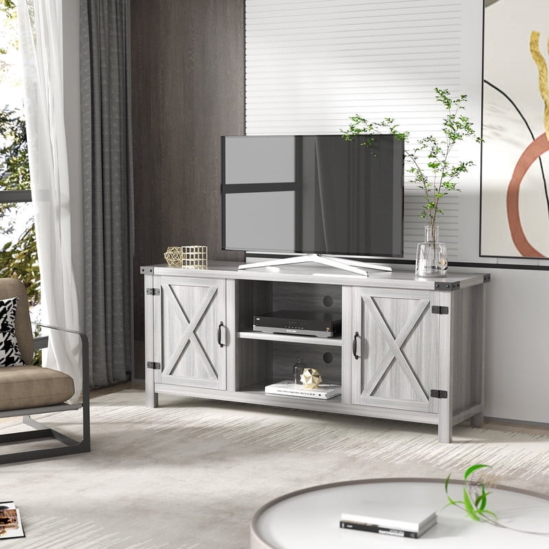 Homall Farmhouse TV Stand for 65 Inch TVs, Gray Wash Wood Entertainment Center with Storage Cabinet & Cable Management