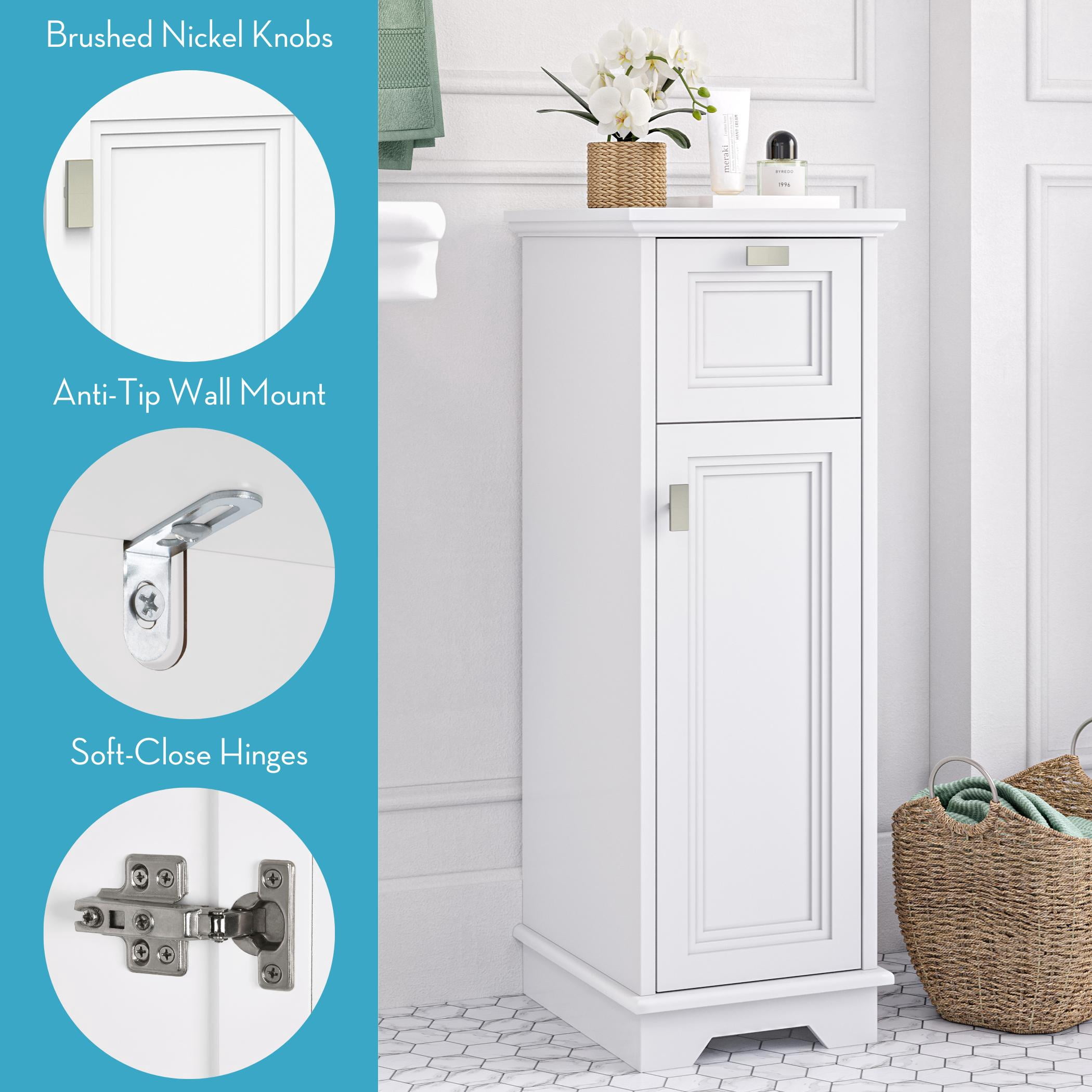 RiverRidge Geneva Single Door Narrow Bathroom and Laundry Storage Cabinet with Drawer and Adjustable Shelf - White