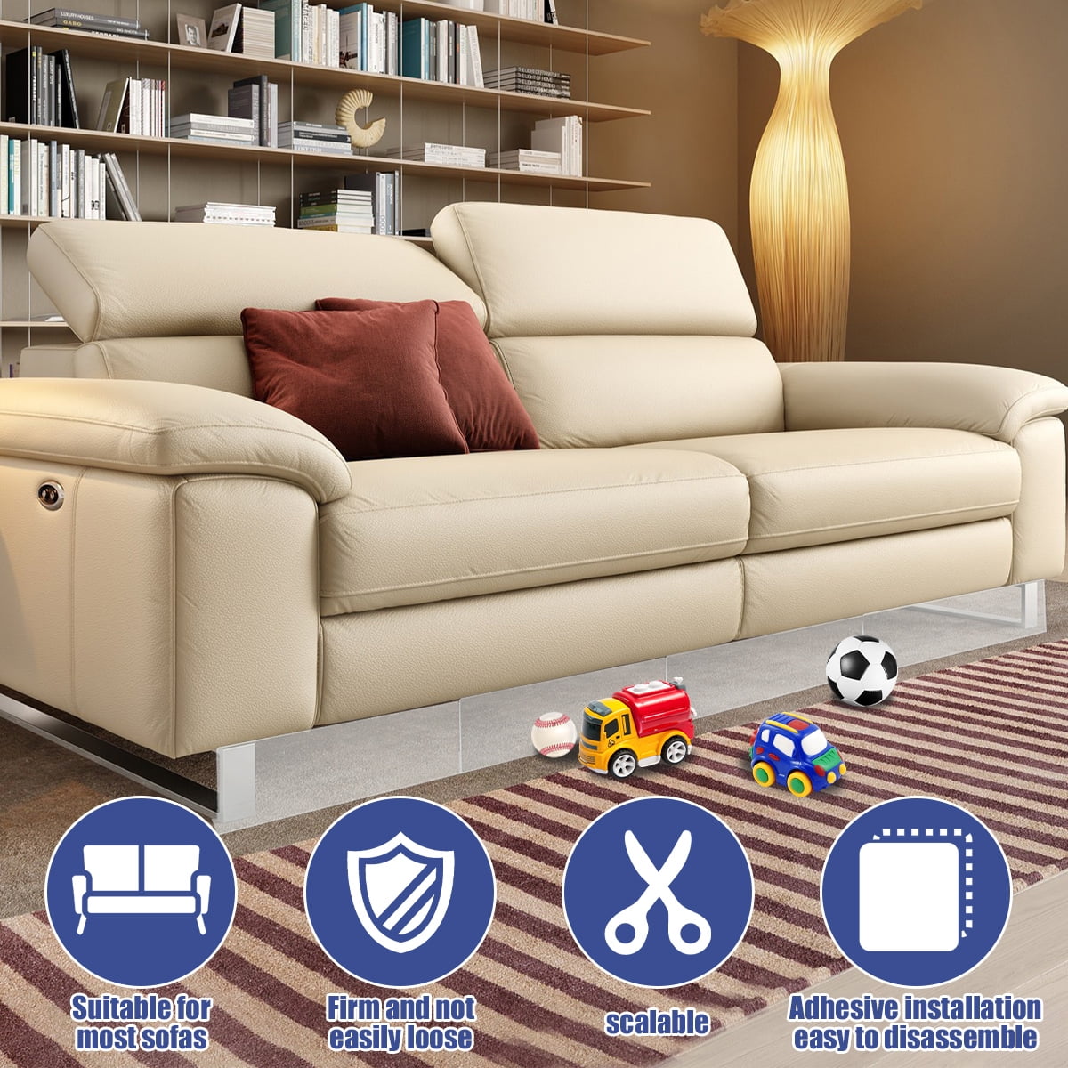 Vensio -8 Pack Under Couch Blocker with Strong Adhesive for Floor Gaps, Clear PVC Gap Bumper to Stop Pets and Toys Under Bed, Adjustable 4.7 Inch Height Toy Guard