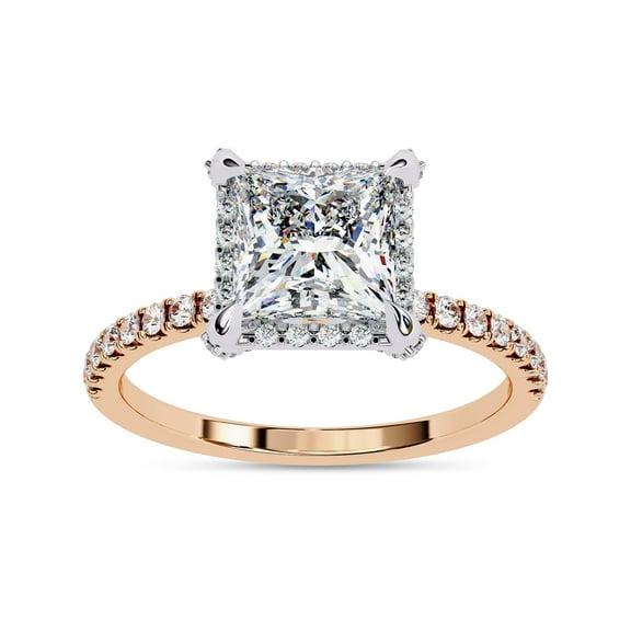 AFFY Halo Solitaire Engagement Wedding Rings For Women Center 7MM Princess and Round Cut Lab Created Moissanite Ring Jewelry Gift for Her In 10K Solid Rose Gold Size 10