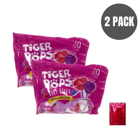 Tiger Pops Very Berry Assorted Fruit Flavor Lollipops 2 PACK, 20 Count Candy Pack for Parties, Classroom Exchange, and Celebrations – Bonus LaPrima Morceau Bonbon