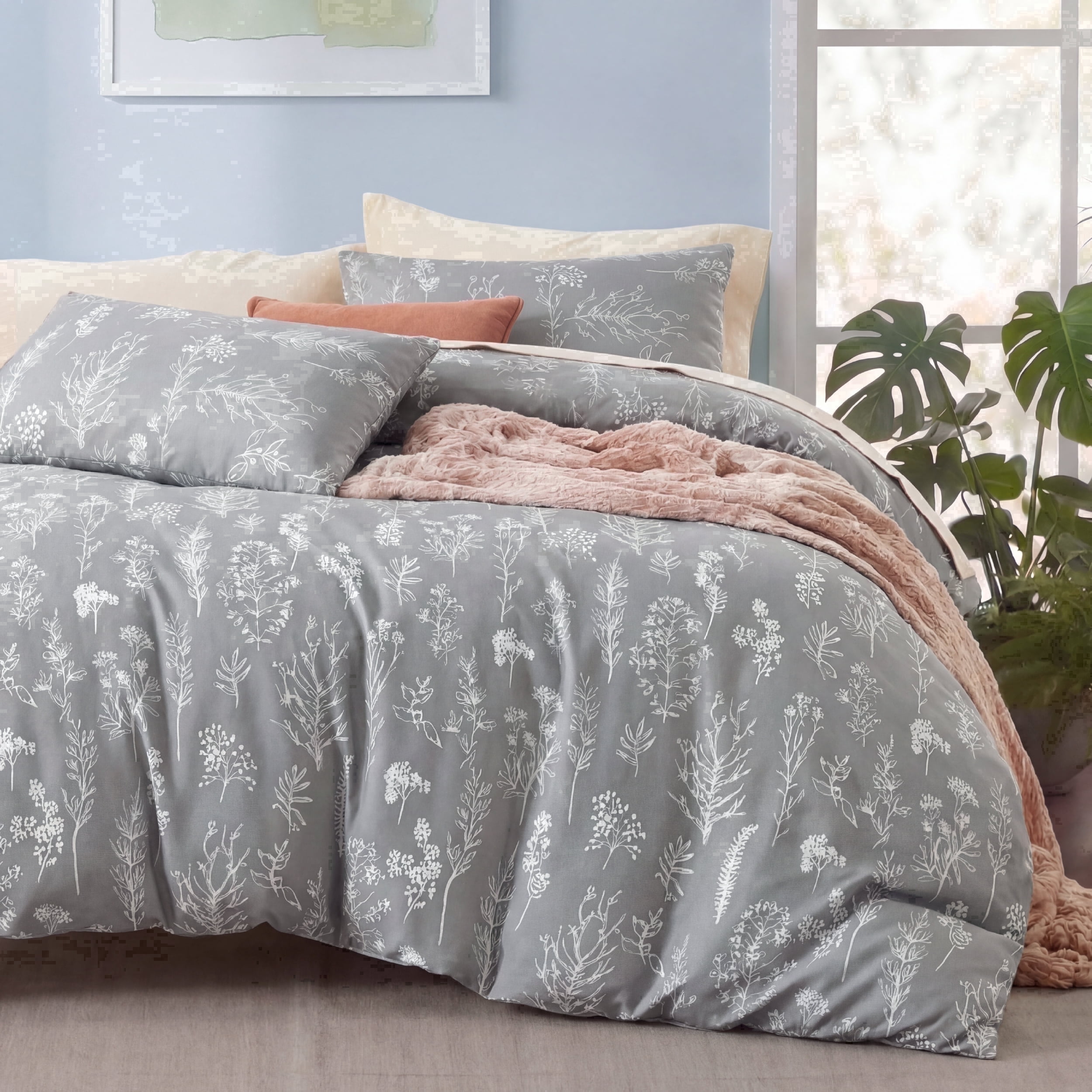 U by Bedsure 2 Pieces Grey Twin Size Comforter Sets, Extra Long Twin-XL Cute Flowers Botanical Lightweight College Dorm Soft Bedding Set With 1 Pillow Sham