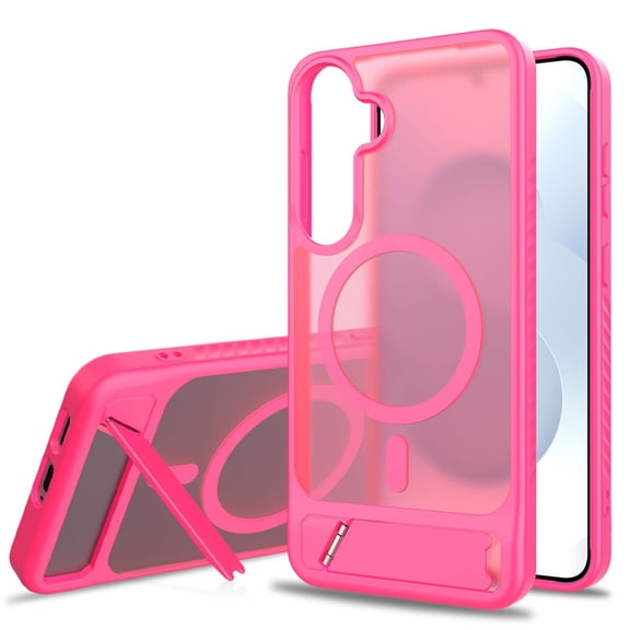 For Samsung Galaxy S25 Edge Magnetic Phone Case,Built-in Retractable Kickstand,Compatible with Mag-Safe,Military-Grade Drop Protection,Translucent Shockproof Rugged Thin Frosted Phone Case,Rose