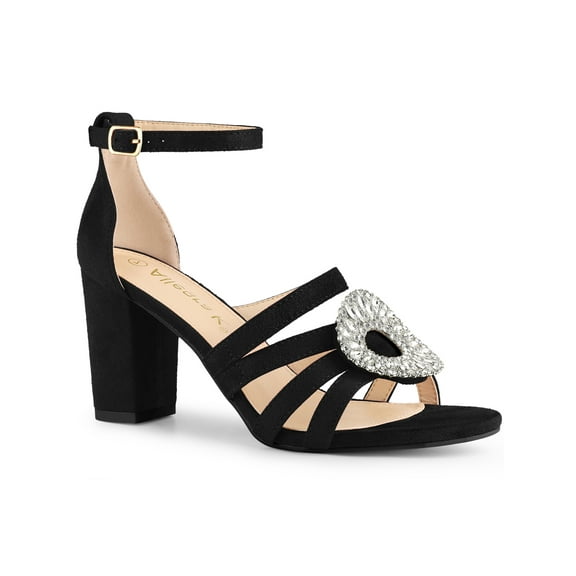 BLISSFUL STEP Women's Open Toe Crystal Rhines Buckle Block Heel Sandal