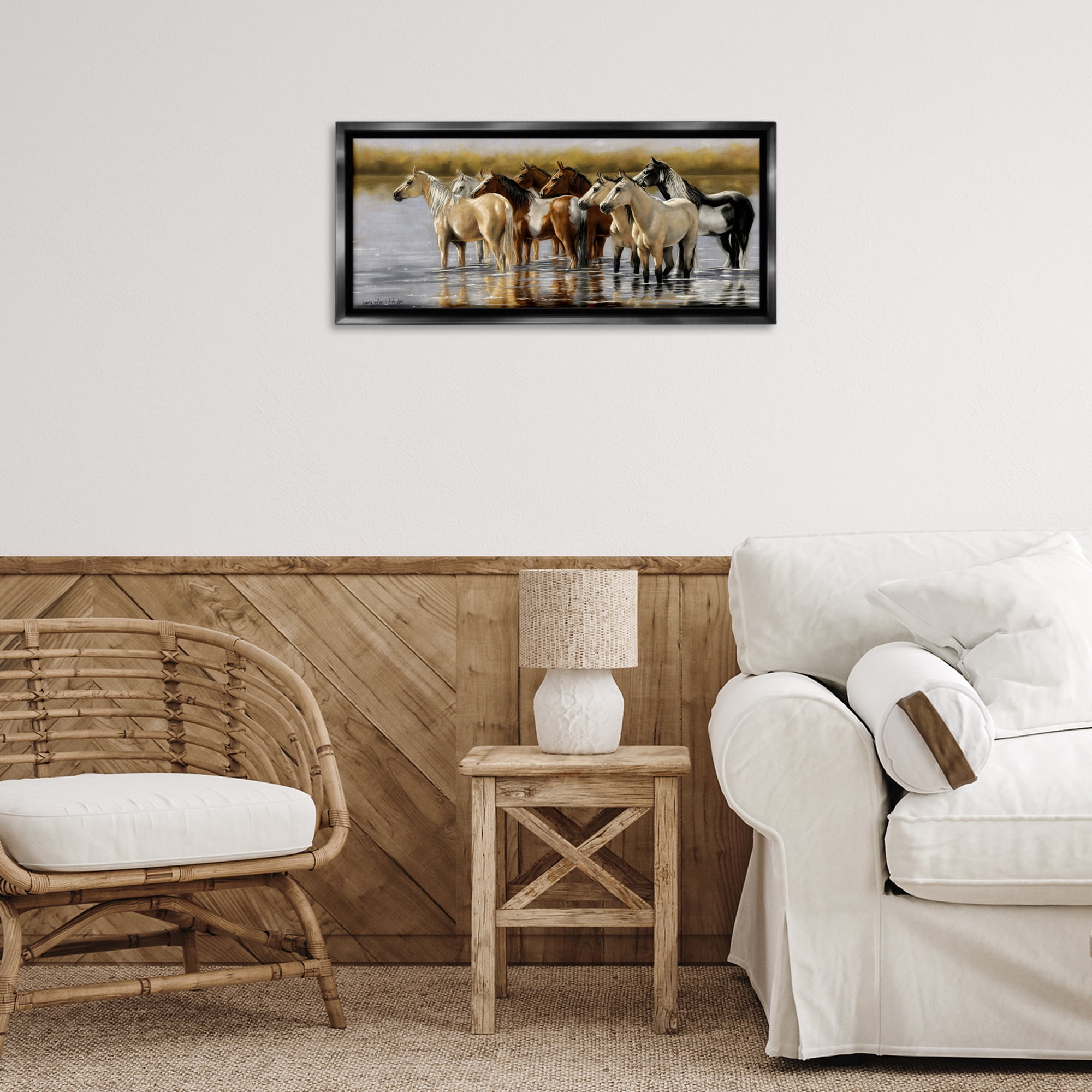 Stupell Industries Horse Herd Splashing Animals & Insects Painting Black Floater Framed Canvas Art Print Wall Art, 25 x 11