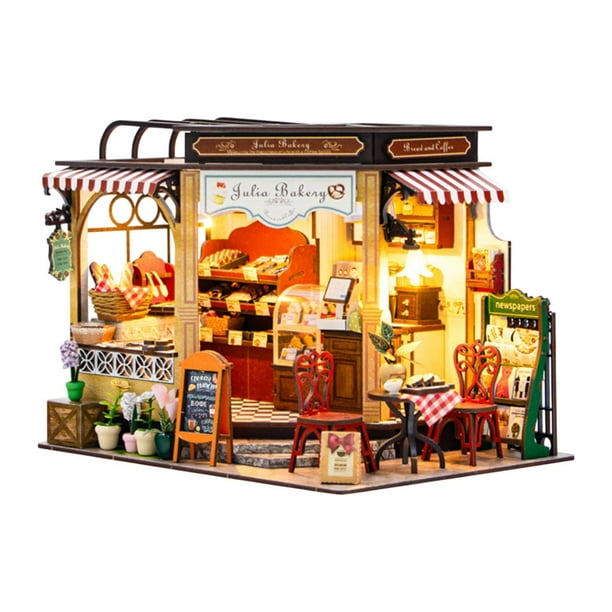 Kits de construcción de casas de panadería en miniatura, adornos de juguete educativos con LED, casa de Diorama de panadería para niños y