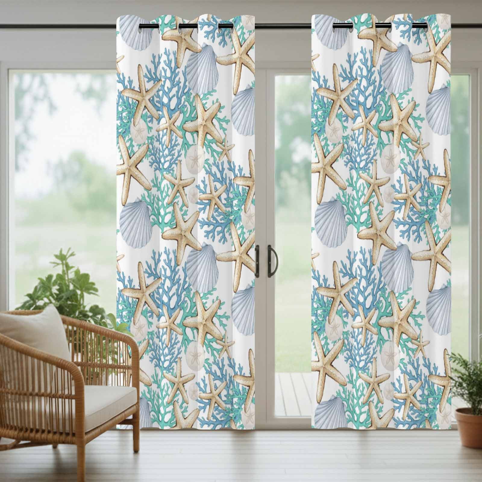 Seashell Starfish Outdoor Curtains for Patio, Coastal Green Blue Coral Sand Dollars Sunshade Privacy Drapes Grommet Waterproof Outside Curtains for Porch/Cabana/Balcony 54"x 95", 2 Panel