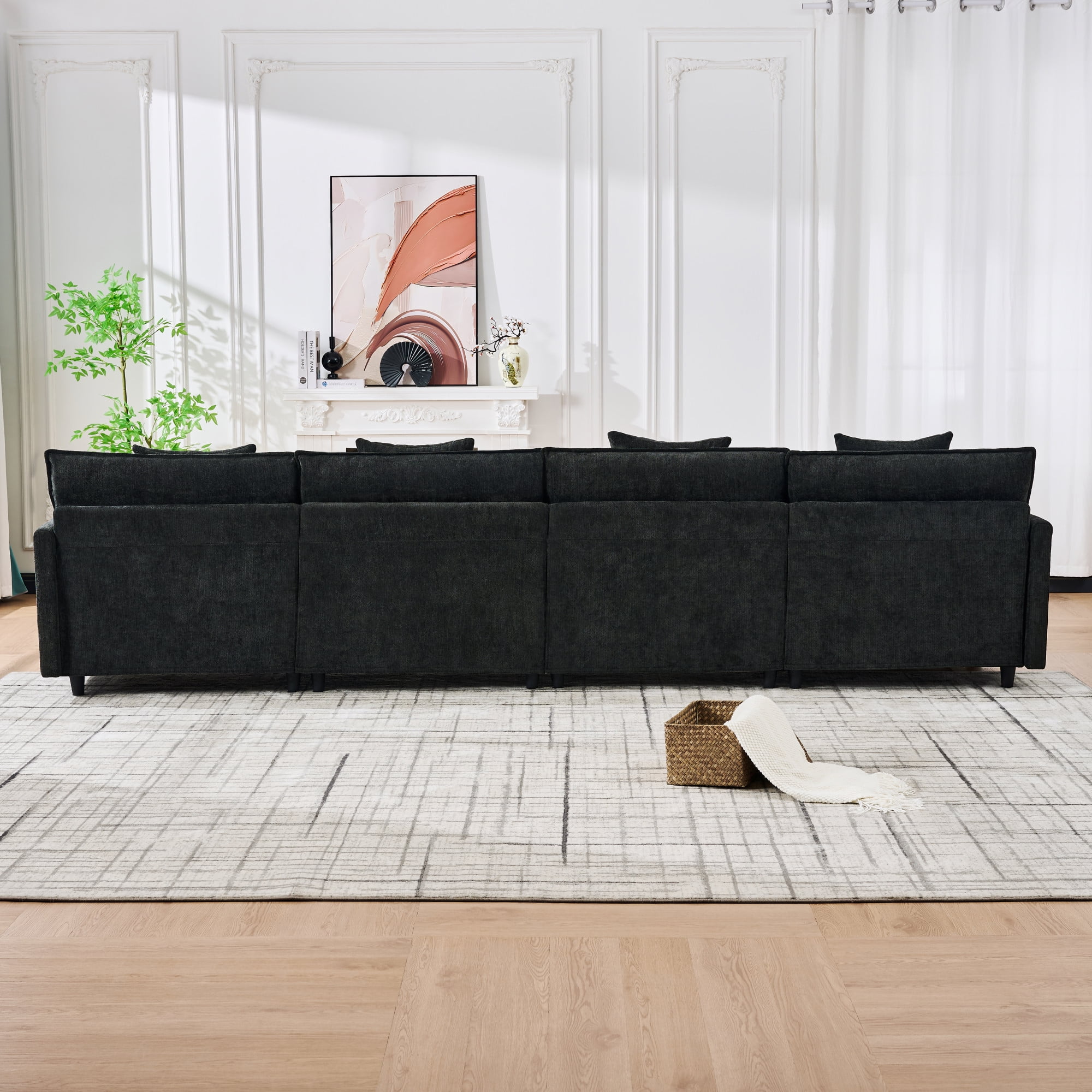 U-Shaped Modular Sectional Sofa with 2 Movable Ottomans and 6 Cushions, 140.9-Inch Soft Chenille Fabric Corner Couch for Living Room, Black