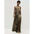 thumbnail image 2 of Women'S Luxury Metallic Pleated Slit Tie Halter Sleeveless Elegant Pleated Maxi Dress Ancient Gold S, 2 of 6