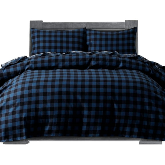 Elegant Comfort OEKO-TEX Soft 4-Piece Cotton Flannel Sheet Set - Deep Pocket Fitted Sheet, Queen, Buffalo Check Blue