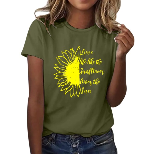 WTXUE T-Shirts à Manches Courtes, Col Rond, Graphiques, pour Femmes, Été, Ample, Blo, Coton Floral, Décontracté, Vert Fougère/tournesol L
