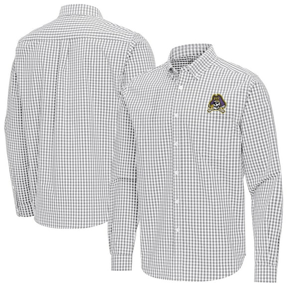 Men's Antigua Gray ECU Pirates Ellis Woven Tri-Blend Long Sleeve Button-Down Shirt